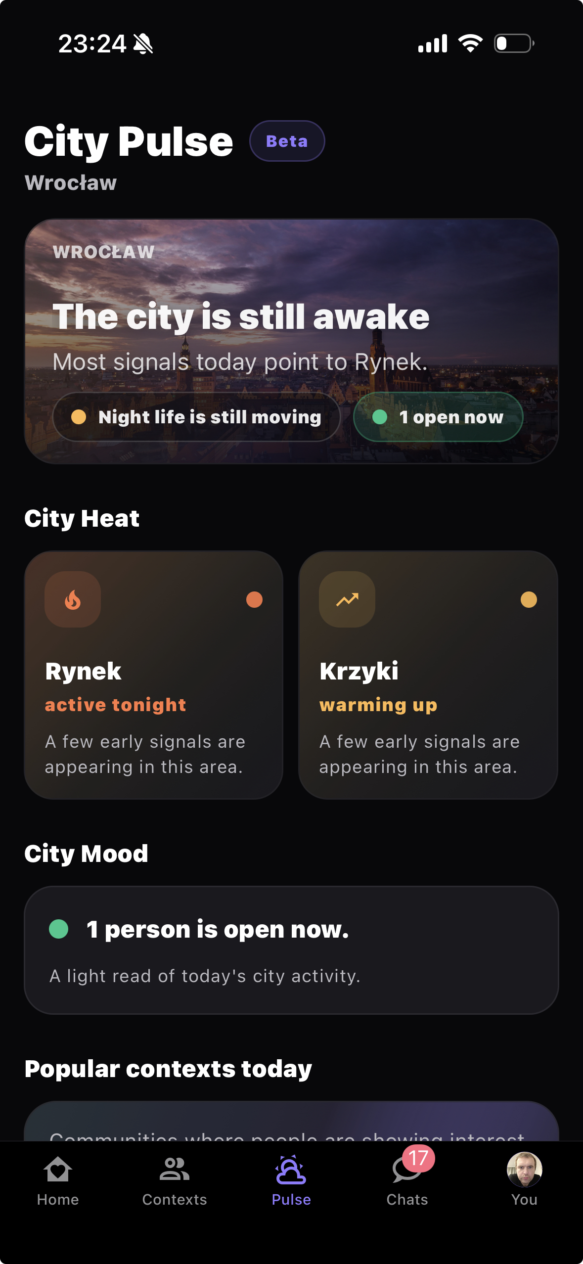 CloseFrens City Pulse screen showing activity across Wroclaw neighborhoods
