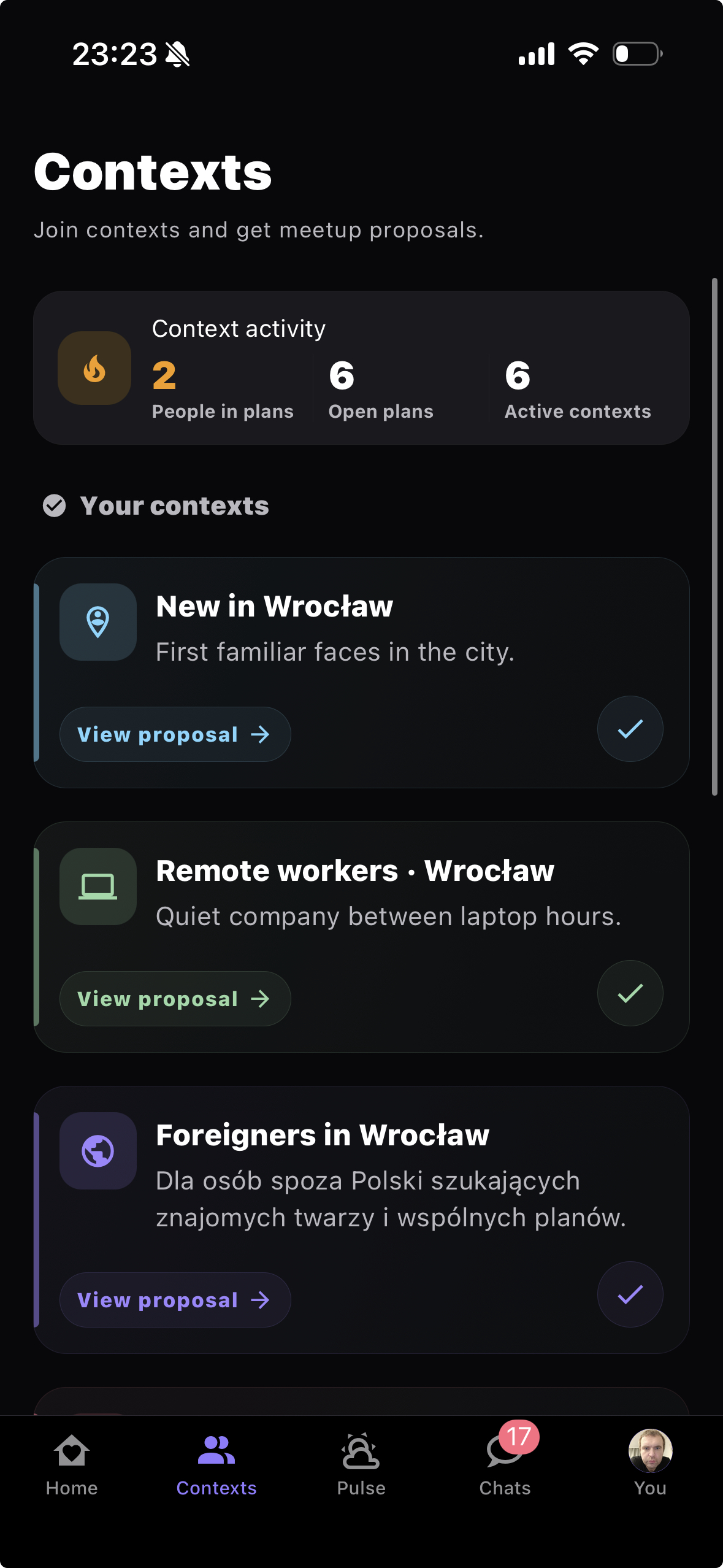 CloseFrens Contexts screen showing local interest-based groups and active proposals
